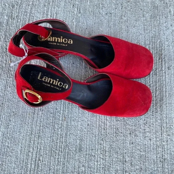 Lamica Italian Suede Leather Slingback Block Heel Size 7 Red Classic Round Toe - Picture 2 of 7